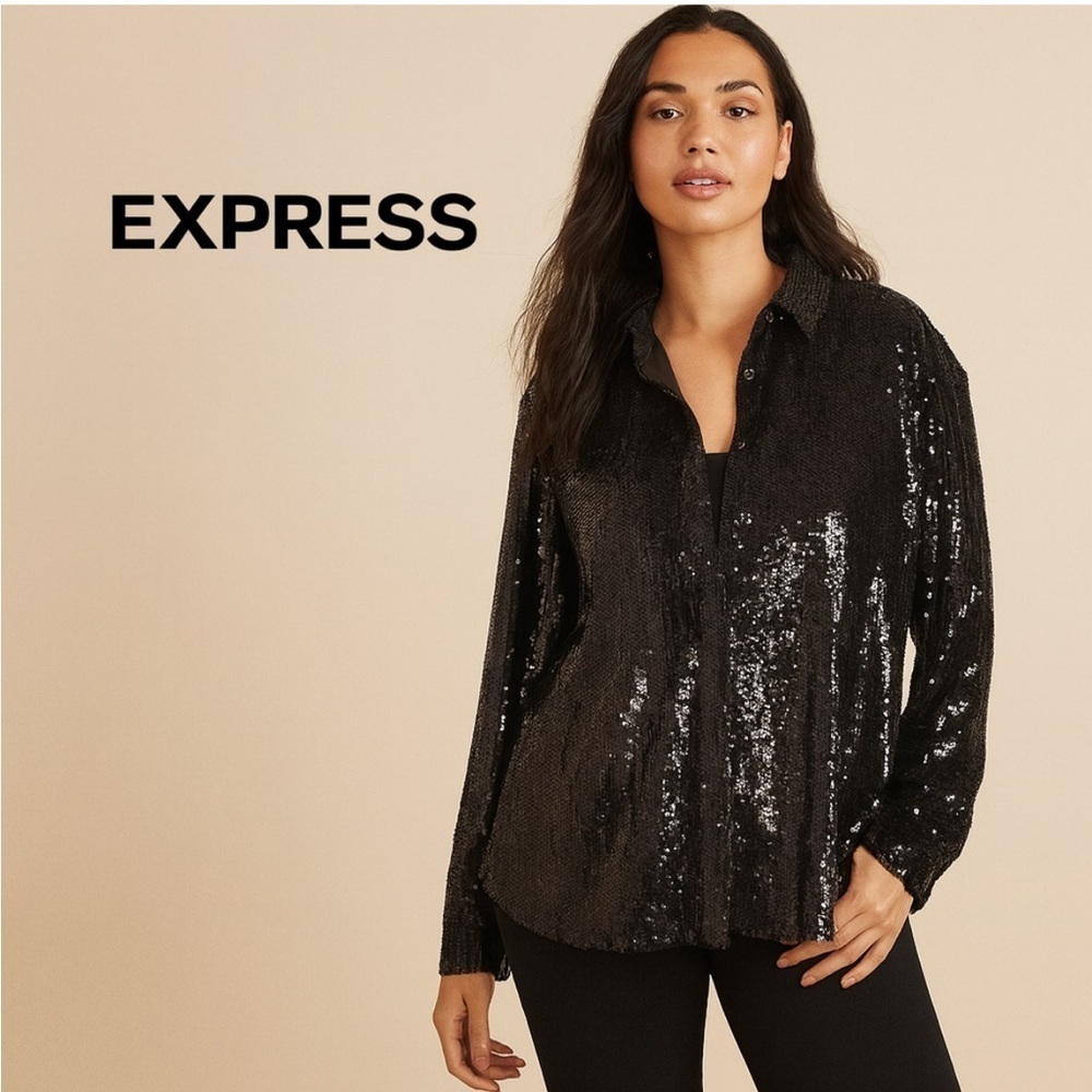 Express Relaxed Portofino Black Sequin Button-Up Blouse Size Small